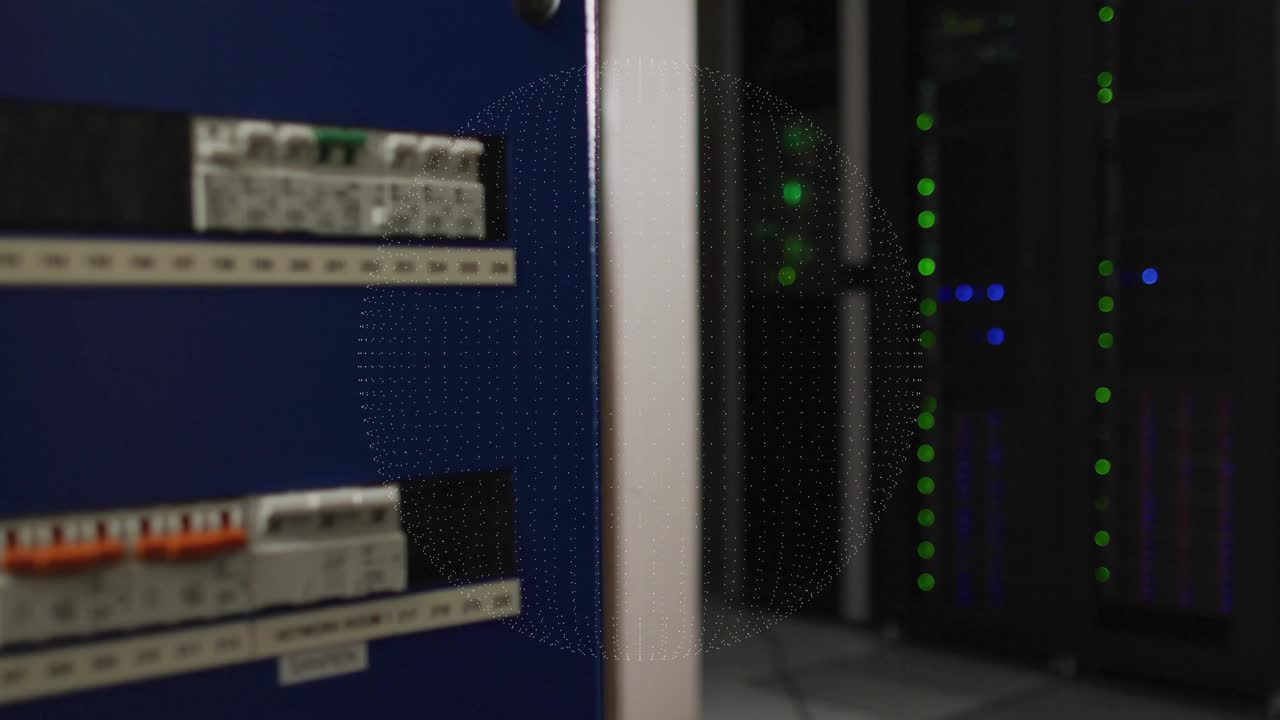 net signal activating globe appearing near server racks rotating pulsing icons showing global net
