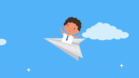 back to school season with boy flying in paper airplane