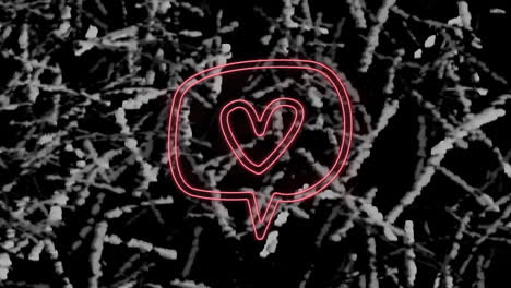 animación de un corazón de neón rosa en una burbuja de habla, en hierba monocromática