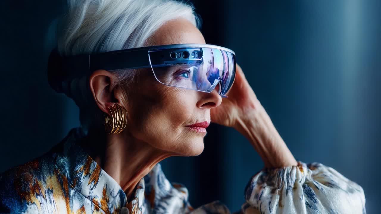 A Captivating Portrait of an Older Woman Embracing Technology with Futuristic Glasses, Reflecting Modernity and Style in a Dimly Lit Environment