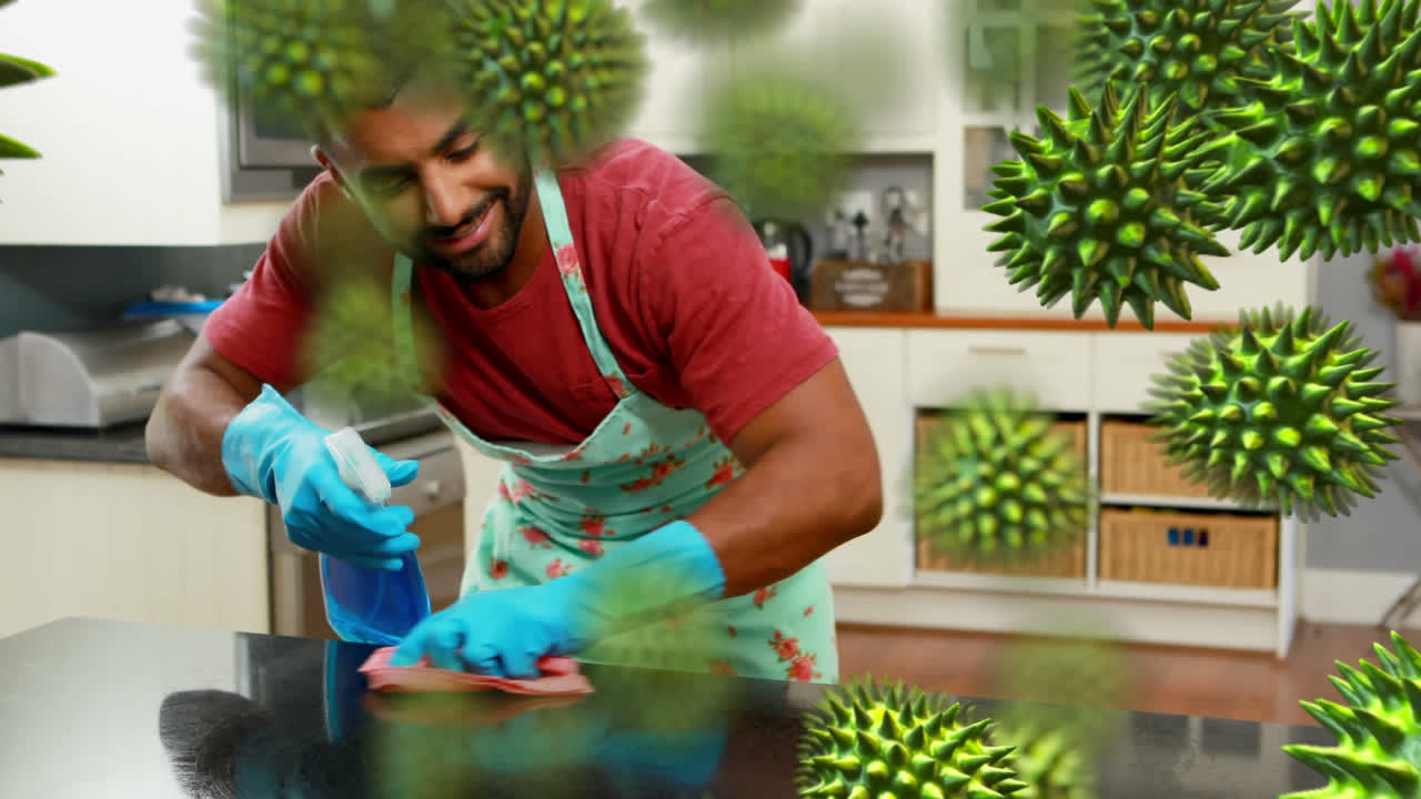 células de covid-19 que se mueven contra el hombre limpieza y uso de rociadores