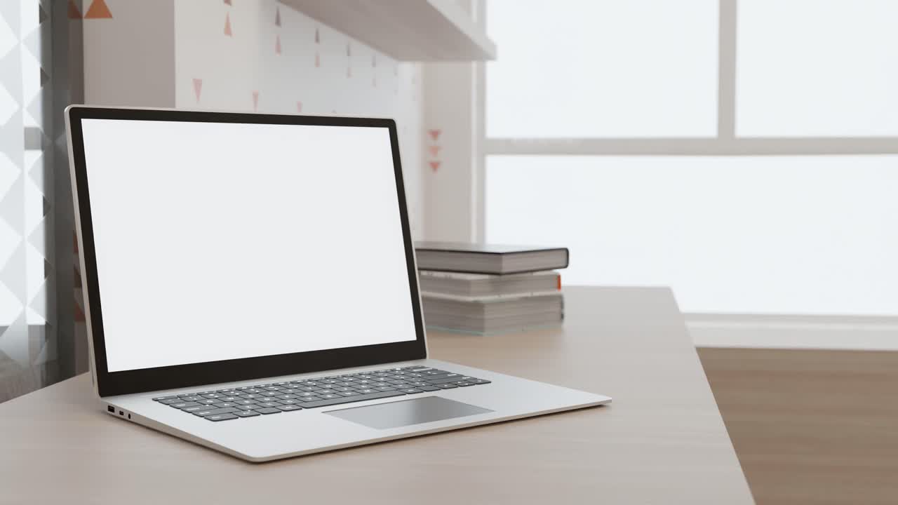 현대적인 거실, 아파트, 화이트 스크린, 3d 애니메이션에서 모 ⁇  노트북
