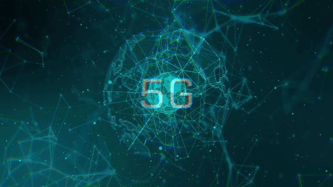 Animation of globe over 5g text and shapes