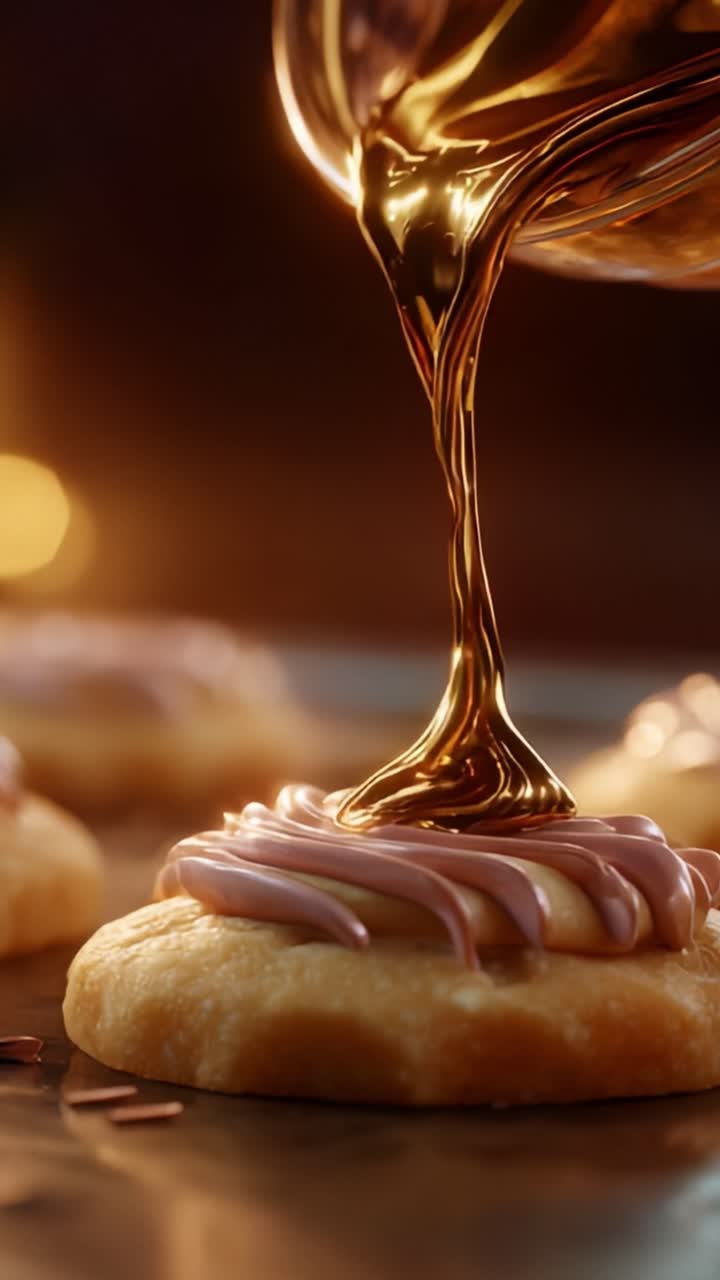 A Close-Up Vision of Sweetness: Golden Syrup Drizzled Over Cream-Frosted Cookies, Capturing the Delicious Moment in a Luscious Culinary Scene in an Inviting Warm Glow