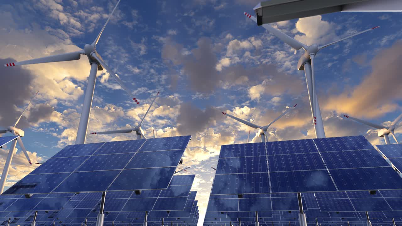 анимация вращающихся солнечных панелей на ферме альтернативной возобновляемой энергии