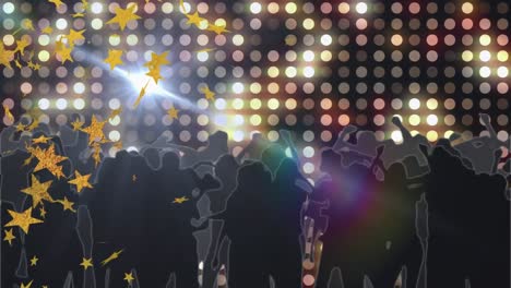 Animation-of-stars-falling-over-dancing-silhouettes-of-people-over-light-spots