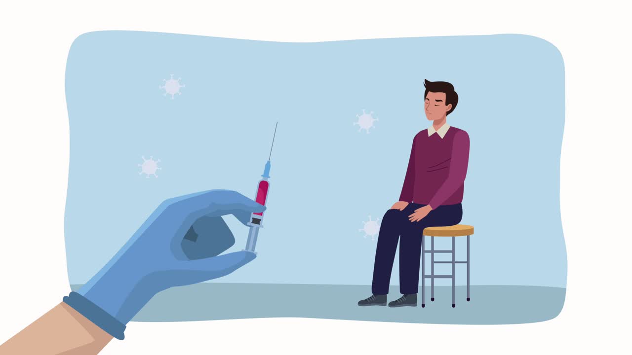 covid19 animation with hand lifting syringe and patient seated