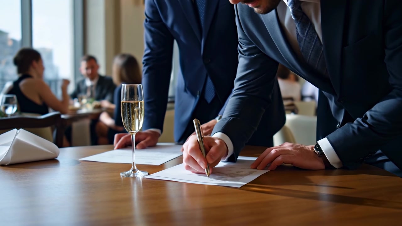 One man writes on a printed page while another steadies nearby papers on a round wooden table, framed by daylight, a tall beverage flute, folded napkin, and softly focused diners.