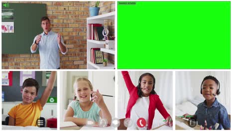 animation of green screen and video screens of diverse teacher and four children in online lesson