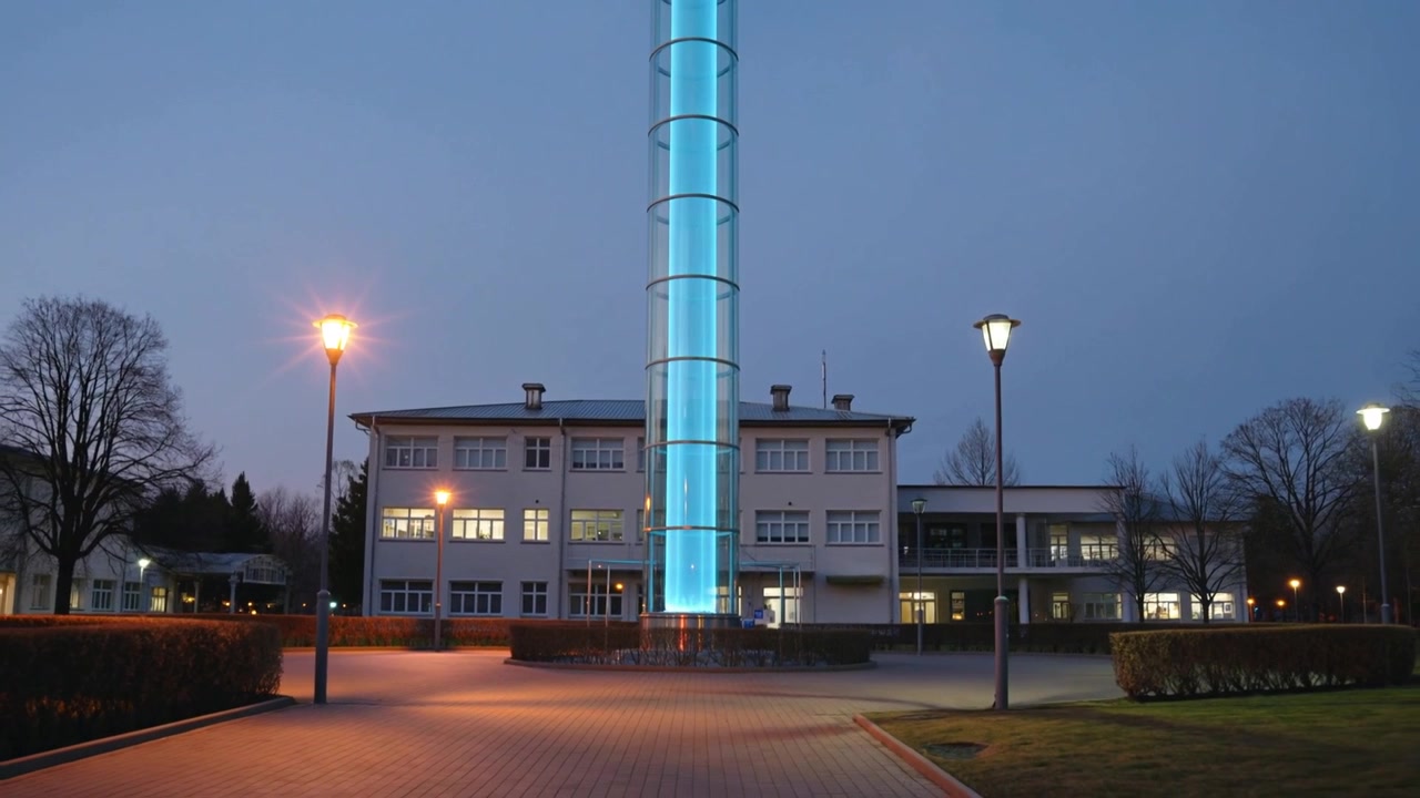 Columna iluminada mostrando un resplandor azul verdoso en una plaza al anochecer, farolas alternas automatizadas