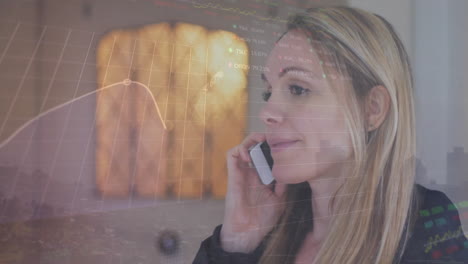 animation of globe of network of connections over caucasian woman using smartphone