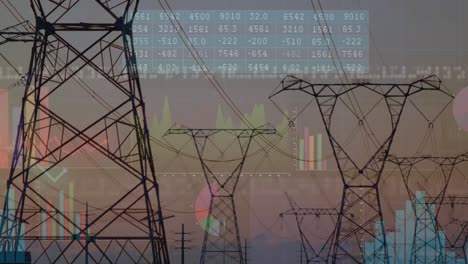 animación del procesamiento de datos financieros sobre torres eléctricas y paisaje