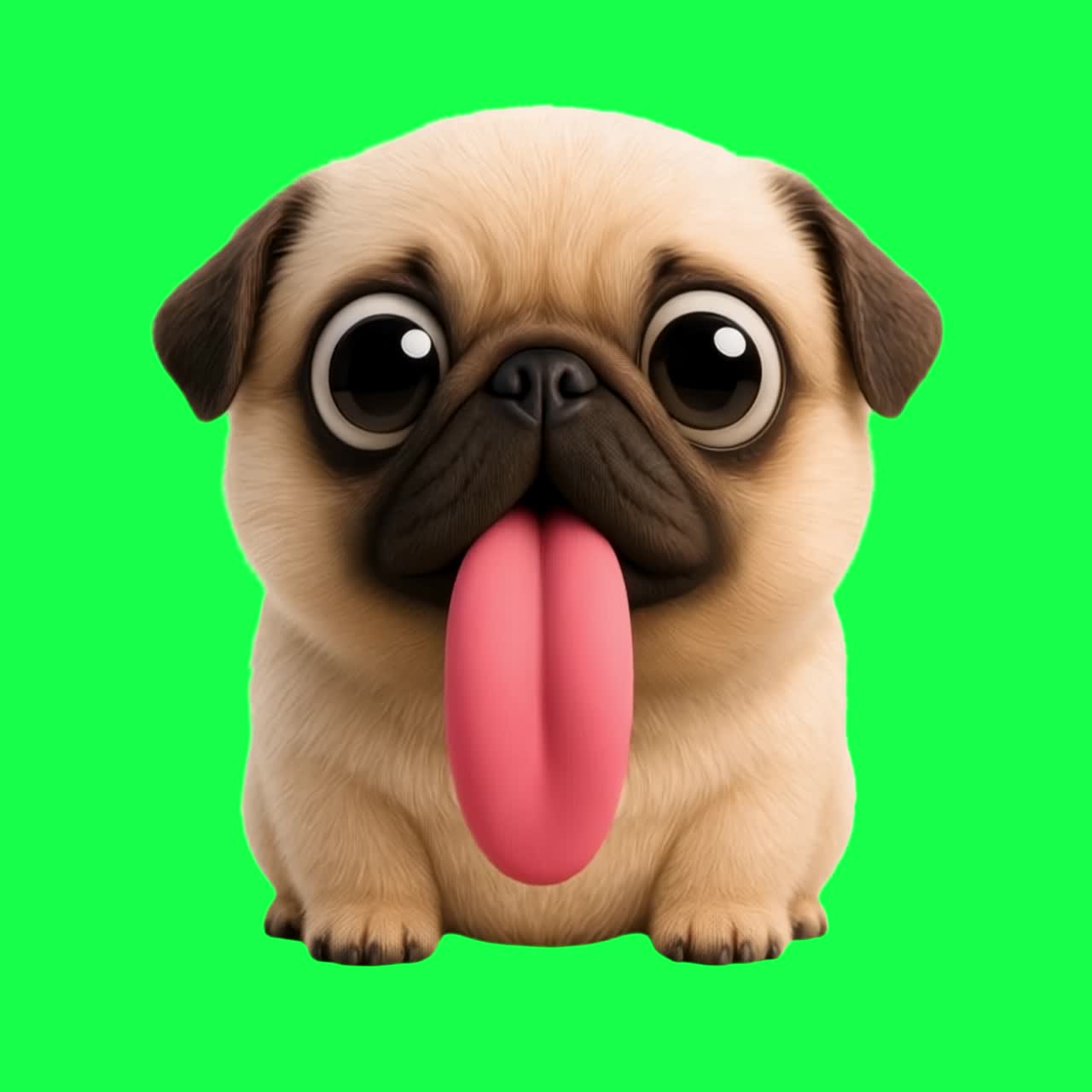 Animazione di un simpatico carlino in stile cartone animato, video 4K trasparente, green screen