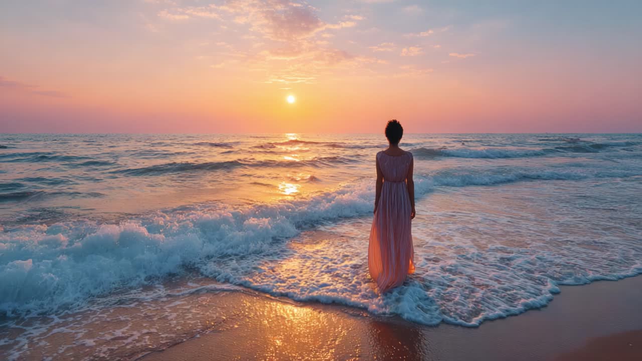 A Serene Sunset Over the Ocean: A Solitary Figure Stands on the Shore, Gazing at the Vibrant Colors of Dusk as Waves Gently Wash Over Their Feet