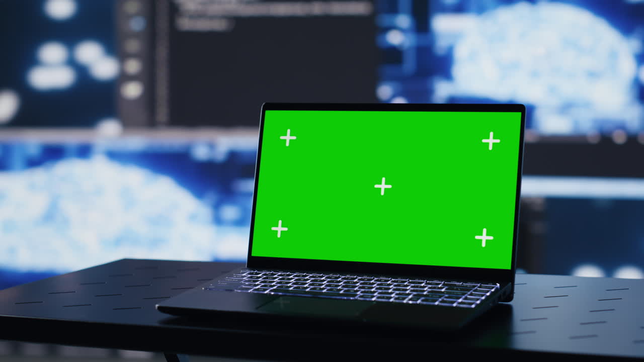 Laptop mostra un mockup isolato su uno schermo circondato da sistemi cerebrali di intelligenza artificiale