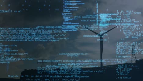 animation of data processing over wind turbine and sky with clouds