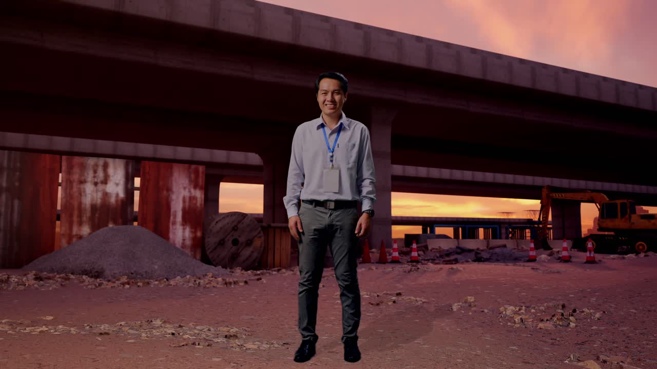 Un lavoratore professionista asiatico in piedi a figura intera nel cantiere di costruzione di un'autostrada, che guarda la telecamera e sorride