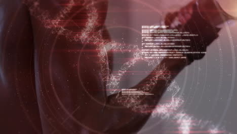 animación de la hilatura de cadenas de adn y procesamiento de datos sobre el ejercicio del hombre fuerte