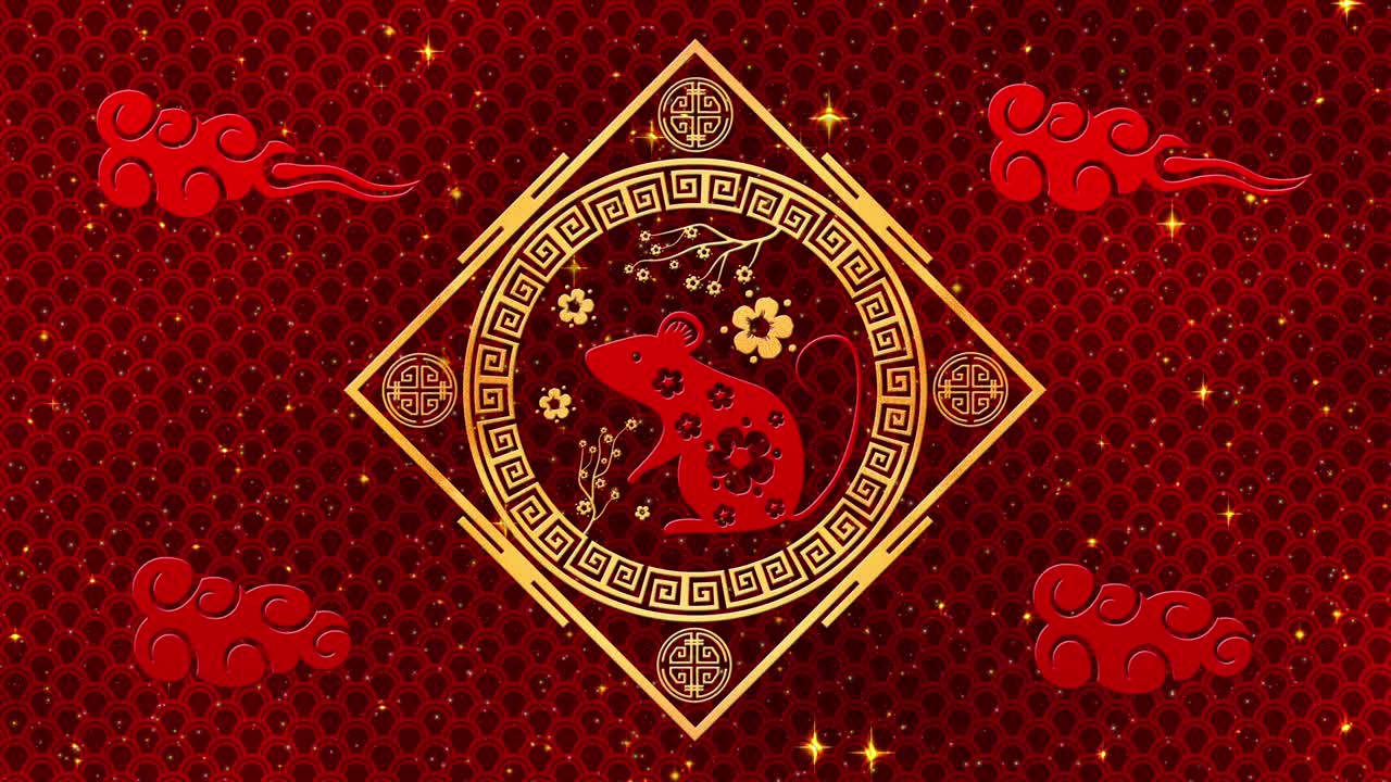año nuevo lunar, fondo del festival de primavera con rata dorada, sakura, brillante patrón de dragón de seda. telón de fondo de papel rojo del año nuevo chino para el evento de vacaciones. animación de renderización 3d. bucle sin costuras 4k