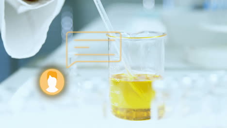 pipeto de líquido en el vaso, animación de investigación científica sobre el fondo del laboratorio