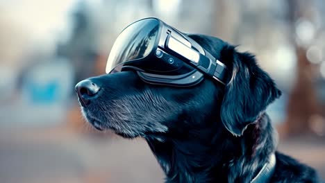 a black dog wearing a pair of virtual reality glasses