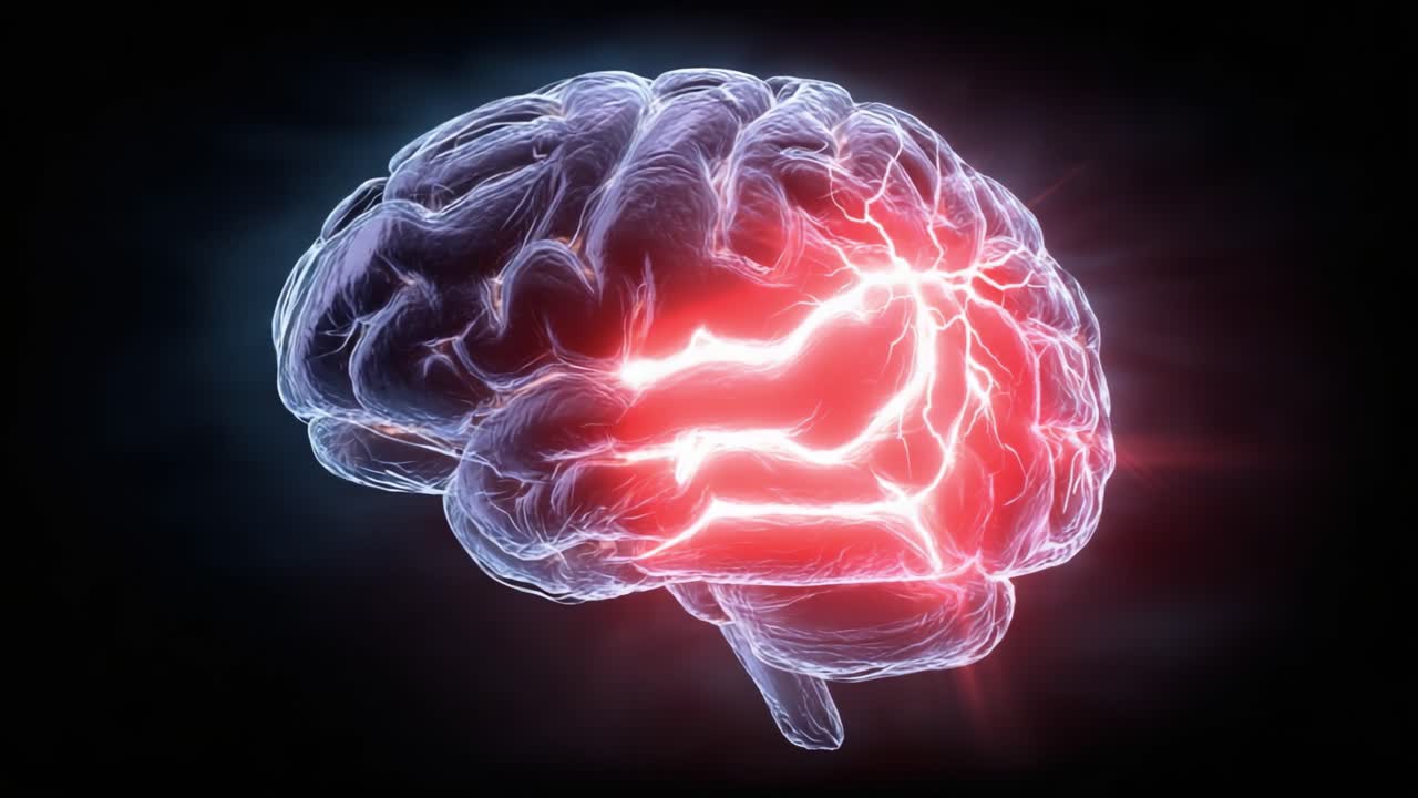 En fantastisk visualisering av en mänsklig hjärna med elektriska pulser som illustrerar neural aktivitet och kognitiva processer i en mörk bakgrund