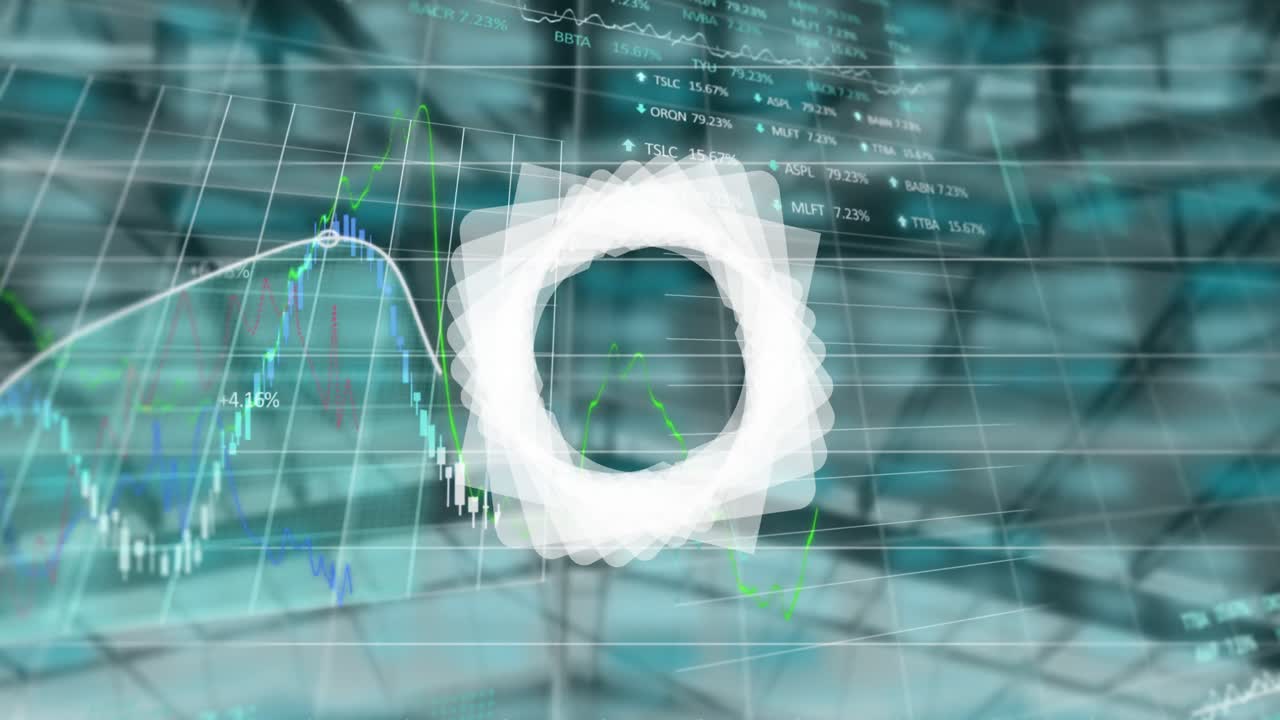 Abstract geometric shape over stock market and financial data processing gainst empty office