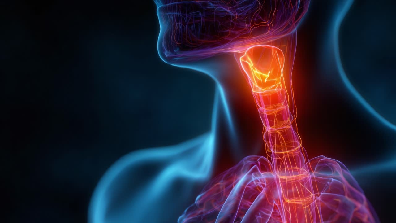 Visualizzazione dettagliata dell'anatomia del collo umano che evidenzia la struttura spinale e i tessuti circostanti in una straordinaria rappresentazione biomeccanica