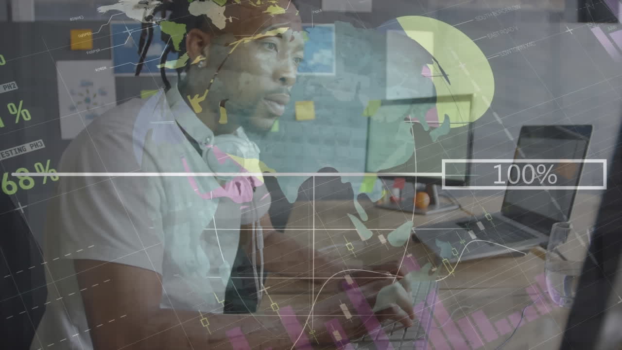 Animation statistics and financial data processing over african american businessman using keyboard