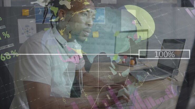 Animation statistics and financial data processing over african american businessman using keyboard