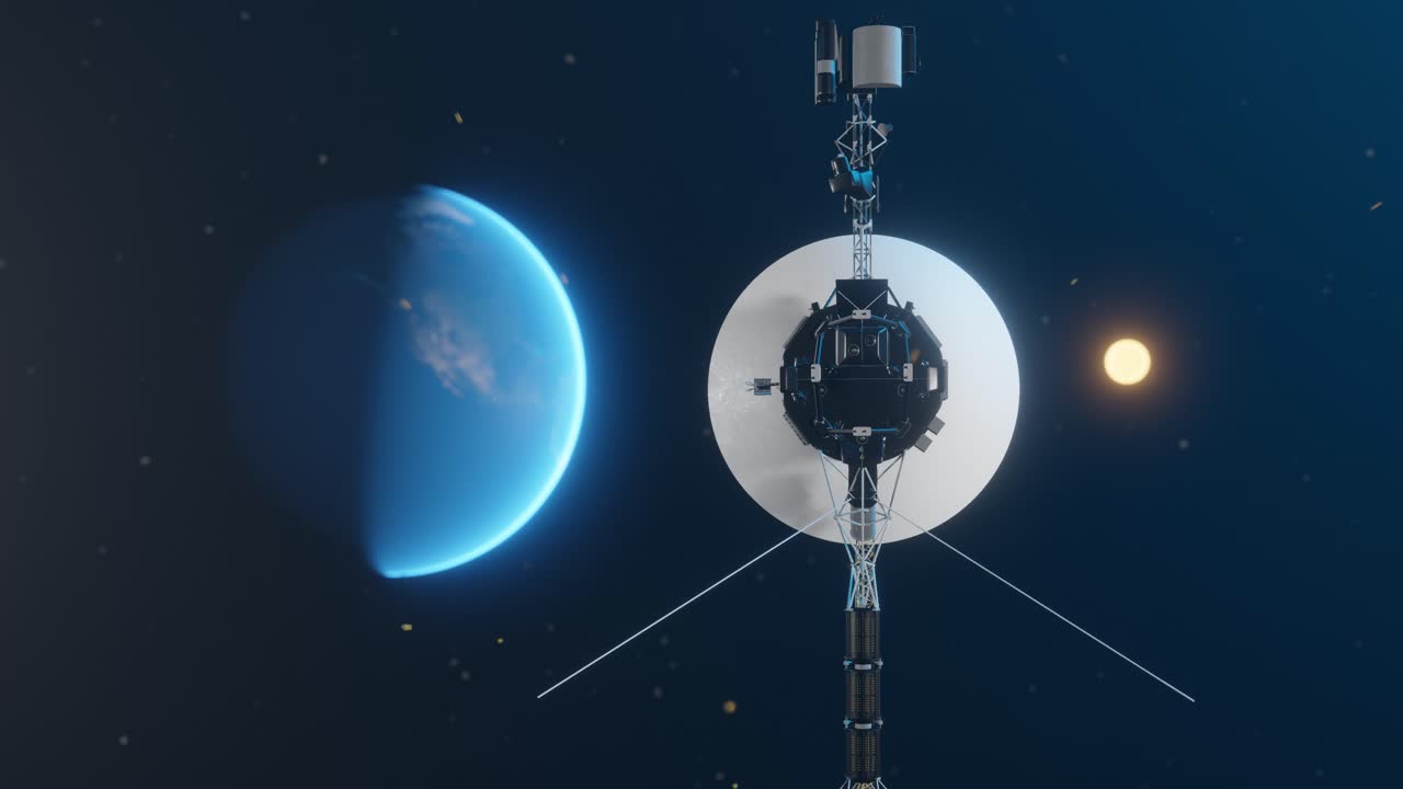 animación en 3d que muestra la nave espacial voyager alrededor de la tierra con el sol en el fondo
