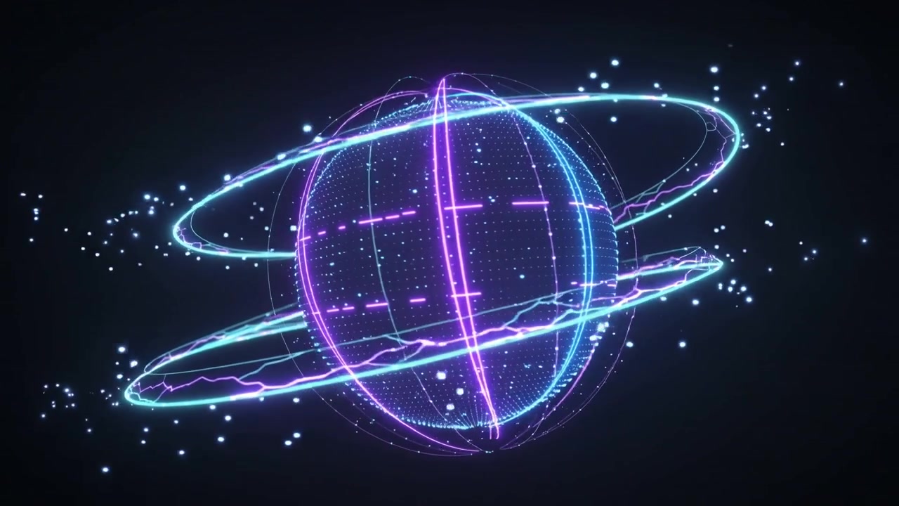Animation starting neon sphere rotating with rings, shifting cyan magenta bands, showcasing glow