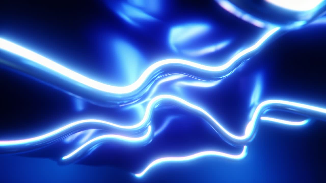 A Mesmerizing Display of Fluid Light Patterns: A Visual Journey Through the Vibrant and Dynamic Waves of Electric Blue and Silvery White Lines Intertwining in a Dark Background Setting