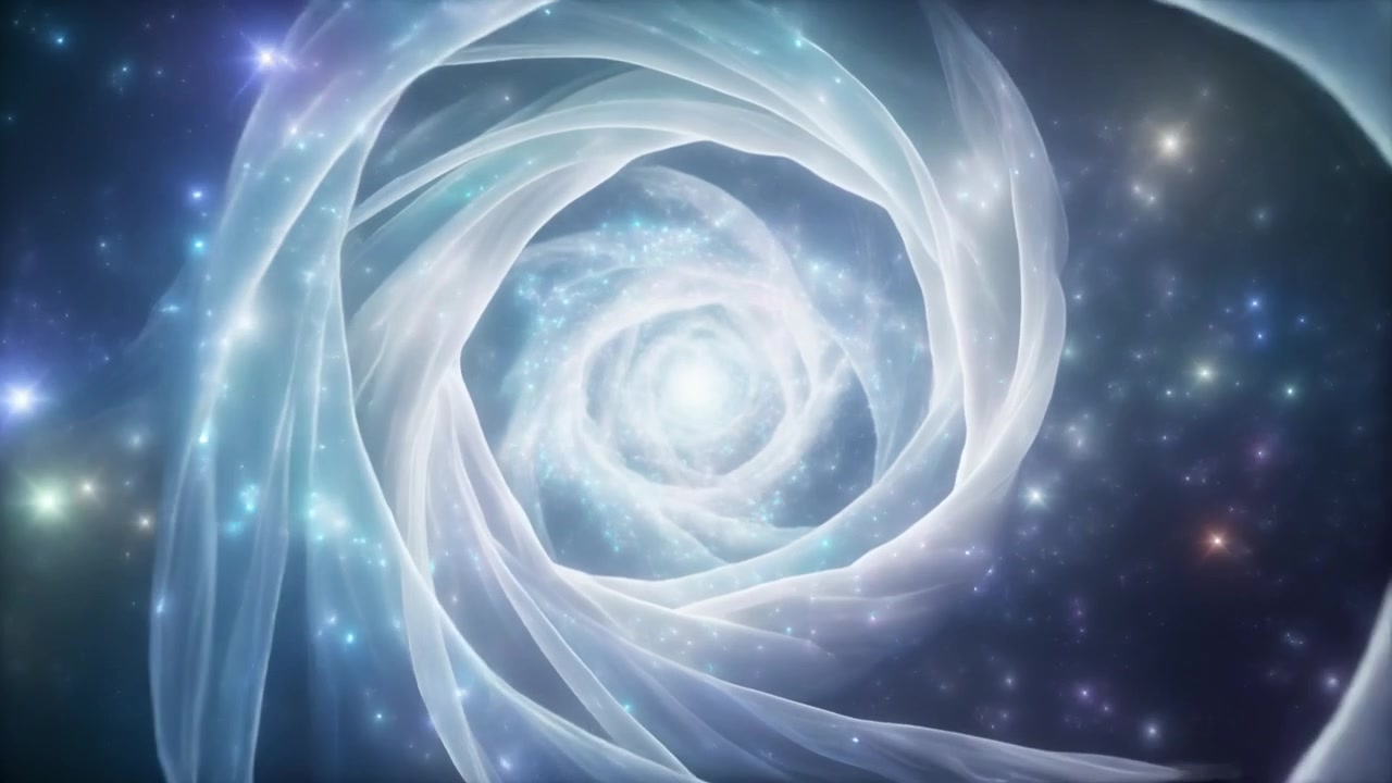 Abstract Cosmic Tunnel with Swirling White Fabric and Glowing Stars