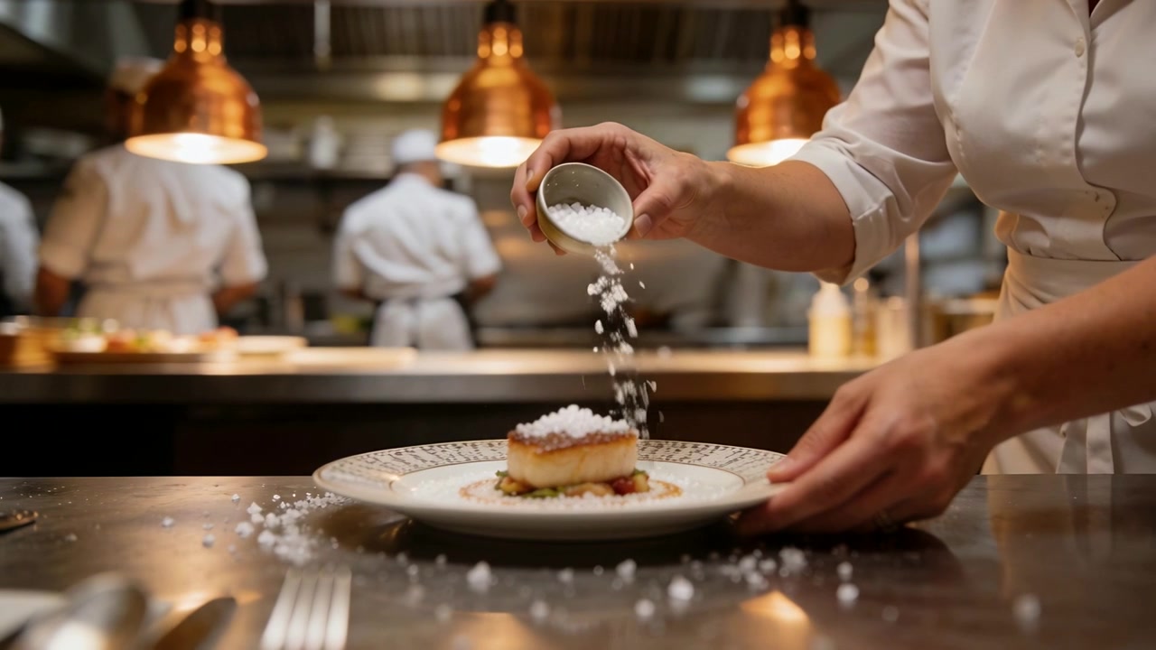 Chef in camice bianco che spolvera, tiene fermo il piatto e versa cristalli al pass dopo aver impiattato.