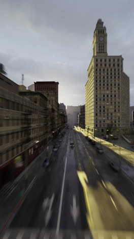 urban landscape flowing through time with glowing sunlight at dusk