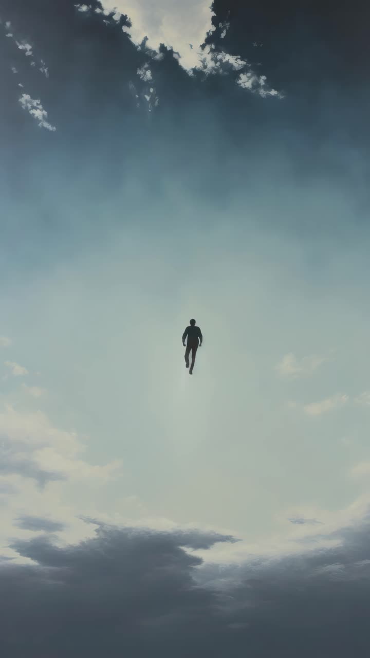 Silhouette di una persona che fluttua in un cielo sconfinato, catturata da un angolo basso