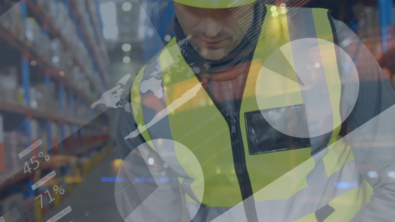 Animazione di elaborazione dati finanziari su un uomo che lavora in un magazzino.