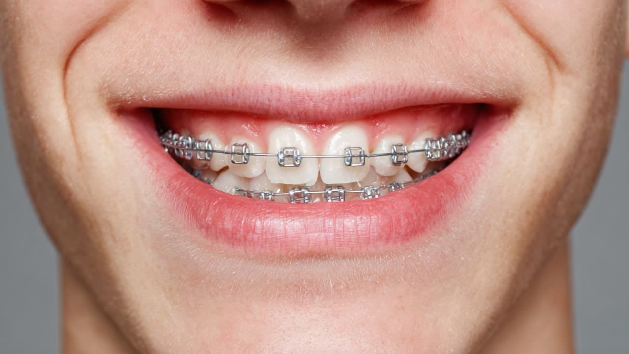 A Close-Up Expression of Confidence: Smiling Individual with Braces Showcasing Healthy Teeth in Two Stages of Treatment Progression