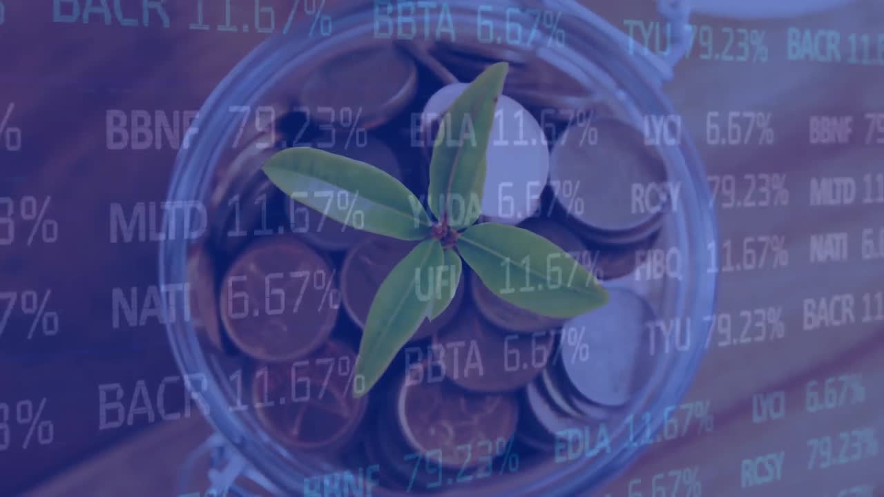 animación del procesamiento de datos financieros sobre un frasco con plantas y monedas