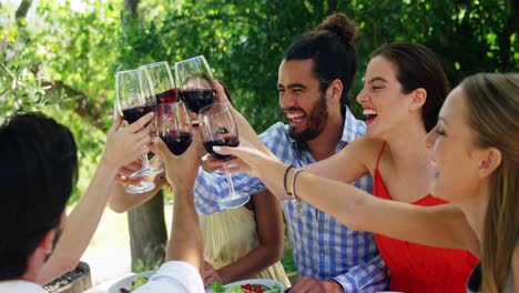 grupo de amigos brindando copas de vino tinto