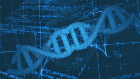 dna strand and scientific data processing animation over blue grid background