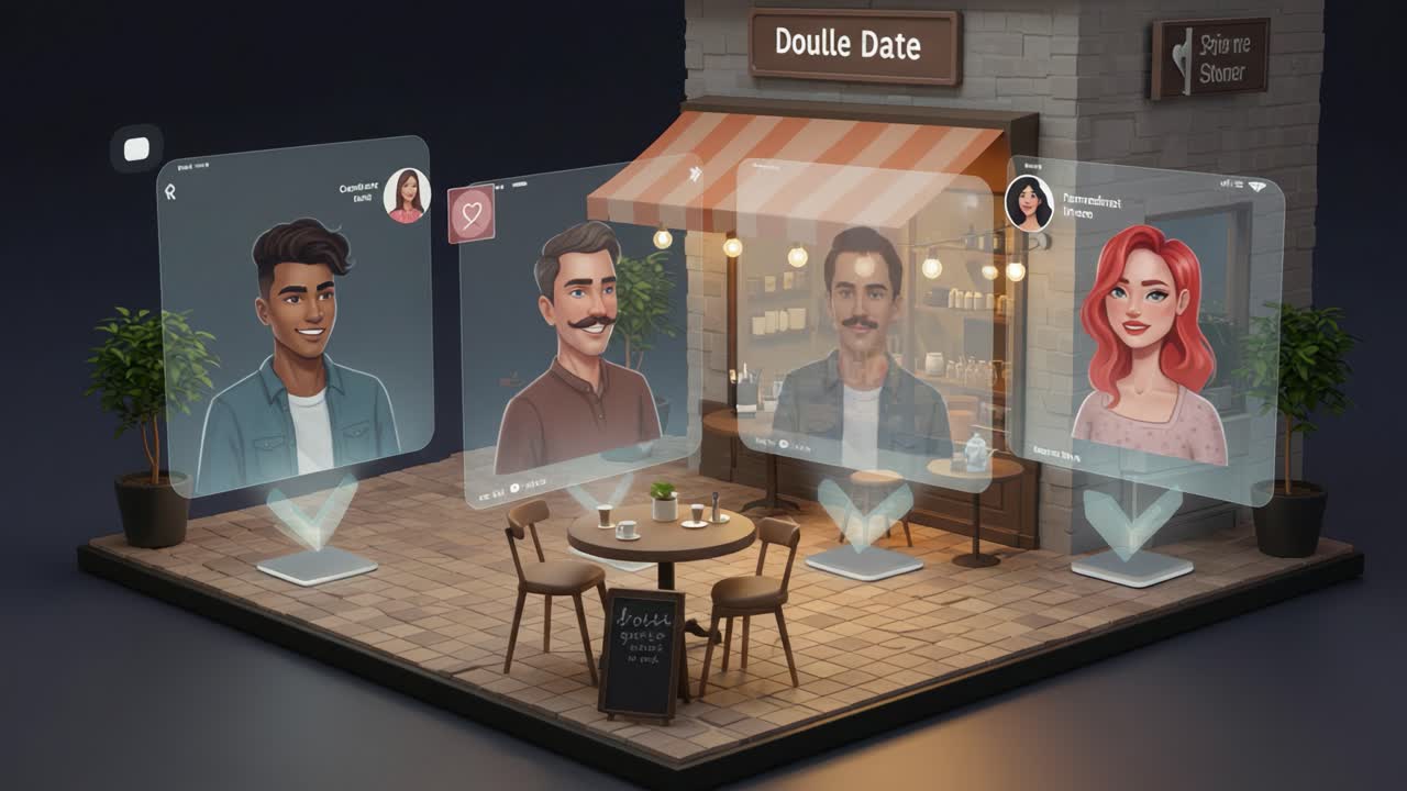 A Vibrant Virtual Double Date Scene Featuring Engaging Characters in a Cozy Cafe Environment with Interactive Elements and Engaging Digital Avatars