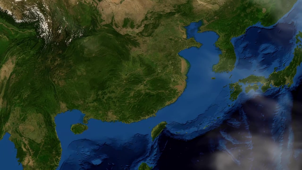 宇宙から東アジアへとズームし、中国の景徳鎮をマークする衛星映像。NASAのパブリックドメイン画像を使用