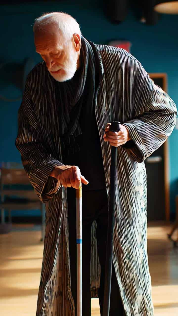 Elderly Man in Striped Robe Walking with Canes: Captivating Moments of Grace and Resilience in the Light of a Vibrant Blue Background