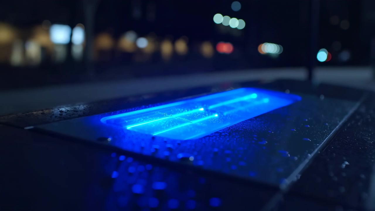 Di notte, un elemento riscaldante di una griglia incandescente su un pannello metallico bagnato in primo piano urbano, a metà del clip.