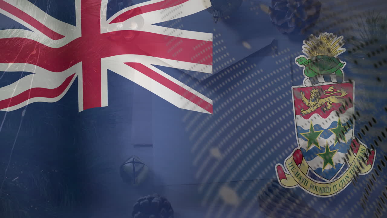 Cayman Islands flag waving with digital data processing animation overlay