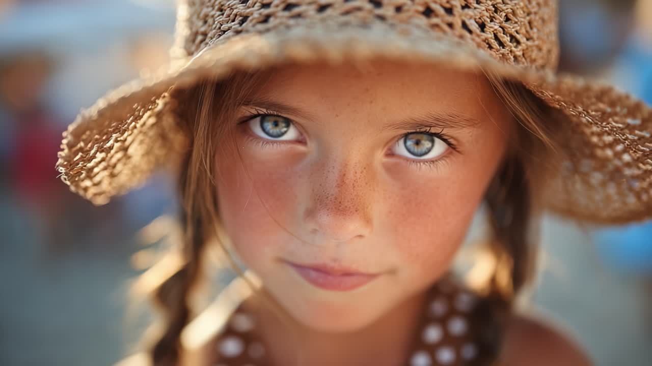 Capturing Innocence: A Close-Up Portrait of a Young Girl with Striking Blue Eyes, a Straw Hat, and Freckles, Radiating Charm and Summer Vibes