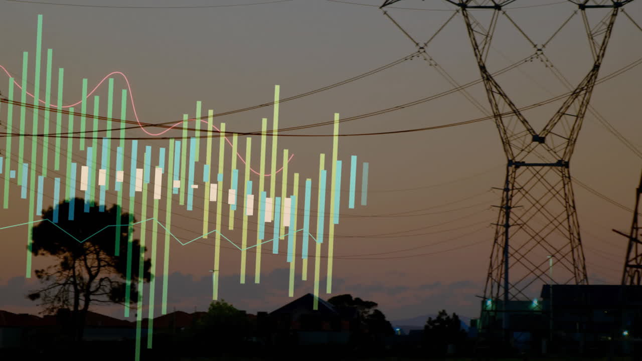 Electricity transmission tower rising over dusk skyline showing floating data bars and line graphs