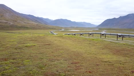 Trans-Alaskan-Alyeska-Pipeline-Transportation-System-Spanning-Across-Alaska---Aerial-Drone